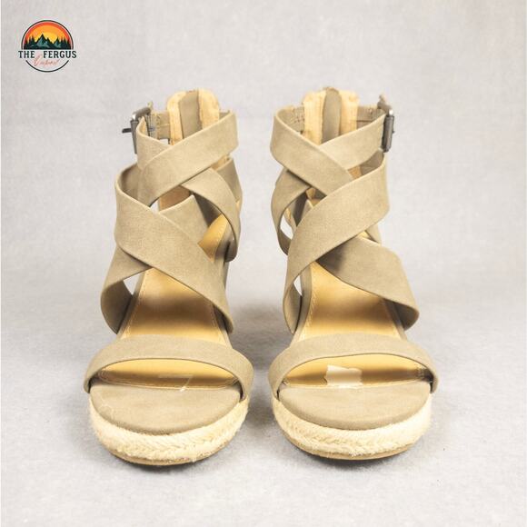 Brash Wedge Strappy Heel Sandal Tan Nude Jute Back Zip Open Toe Women's Size 7 - Picture 2 of 12